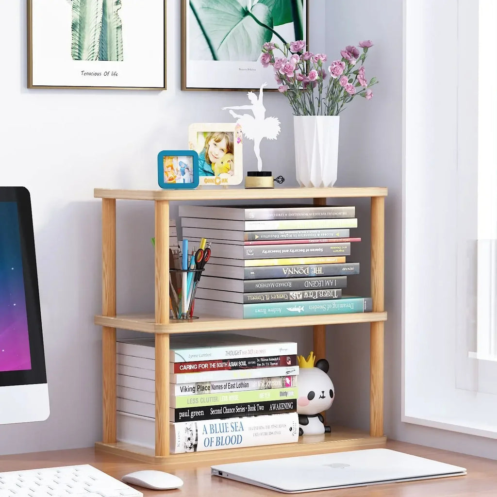 Minimalist Wooden Desktop Bookshelf | Multi-Layer Desk Organizer