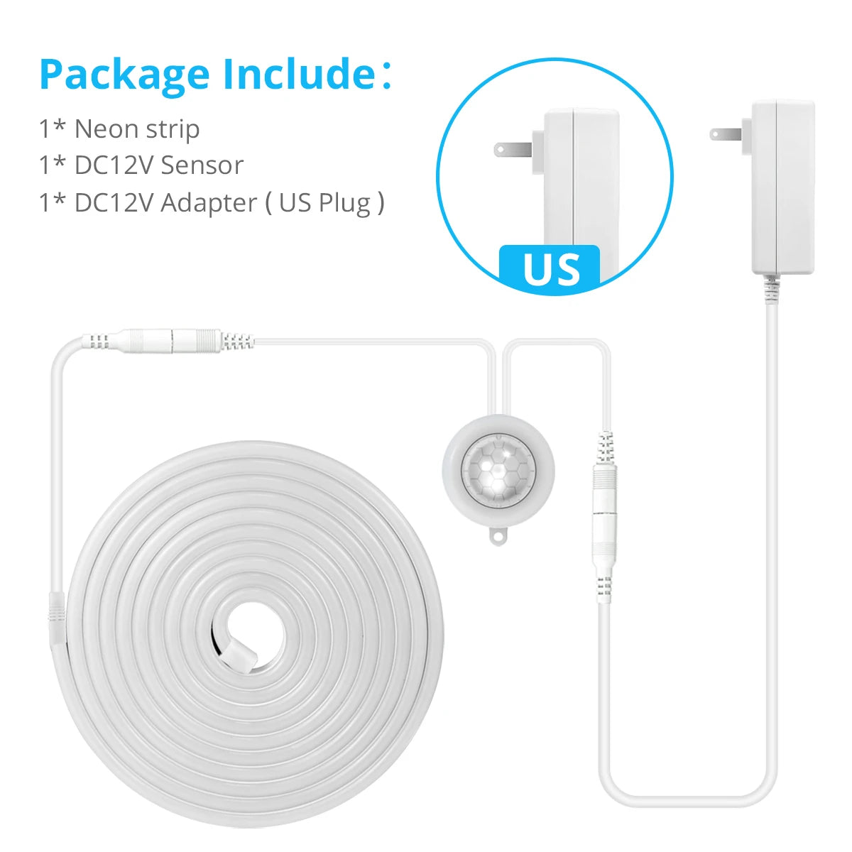 1-5M Wireless PIR Motion Sensor LED Strip Light Waterproof Neon Sign Diode Tape Auto On/Off Stairs Kitchen Lamp Cabinet Backligh Oasis Select USA Power Plug White 1m