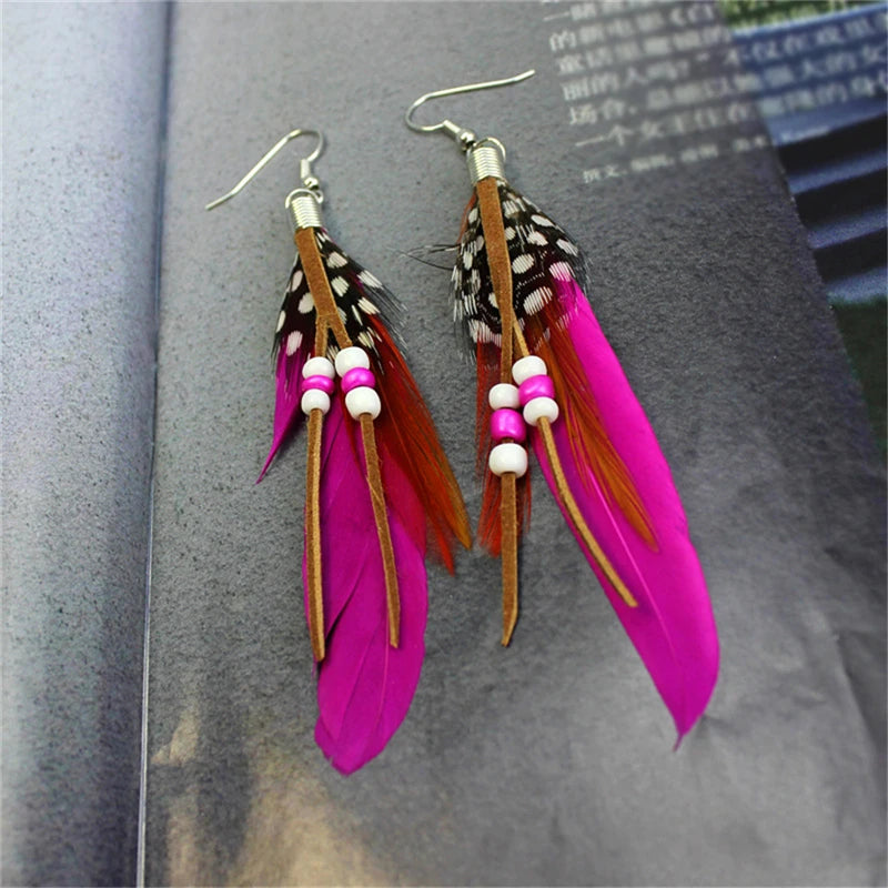 Tassel Dangling Earrings Colorful Feather Leather Beads Earrings Indian Feathers Summer Womens Fashion Jewelry Oasis Select MR-06