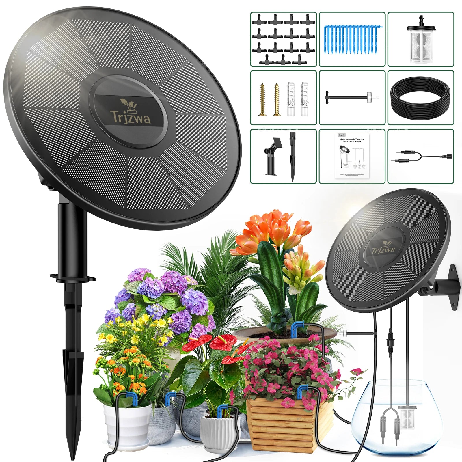 Solar Drip Irrigation System, Automatic Watering System with Battery Timer Modes for Potted Plants for Balconies, Garden Balcony Oasis Select 3W set