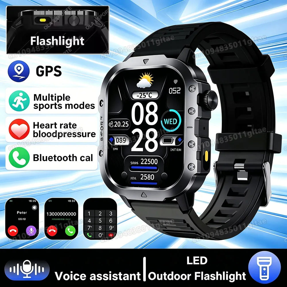Military-Grade Smartwatch – Bluetooth Call, Flashlight & 100+ Sports