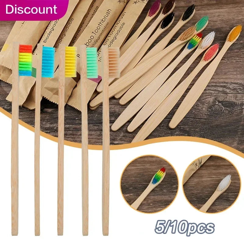 10Pcs Eco friendly toothbrush Bamboo Resuable Toothbrushes Portable Adult Wooden Soft Tooth Brush for Home Travel Hotel use Oasis Select