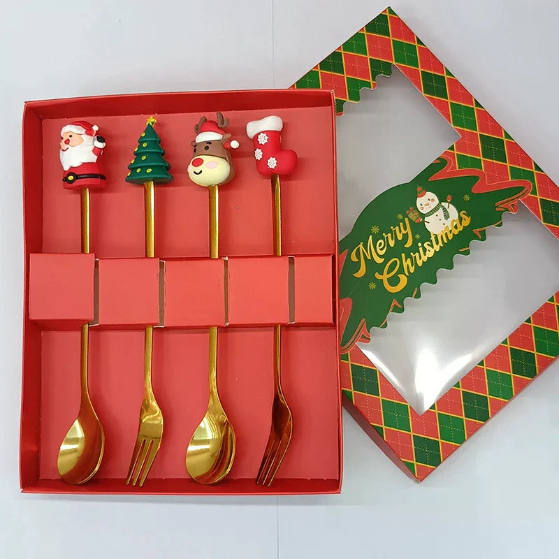 Stainless Steel Christmas Dessert Spoons Cake Forks with Cartoon Christmas Tree Elk Design - Set of 1/2/4/6 - Gift Box Included Oasis Select
