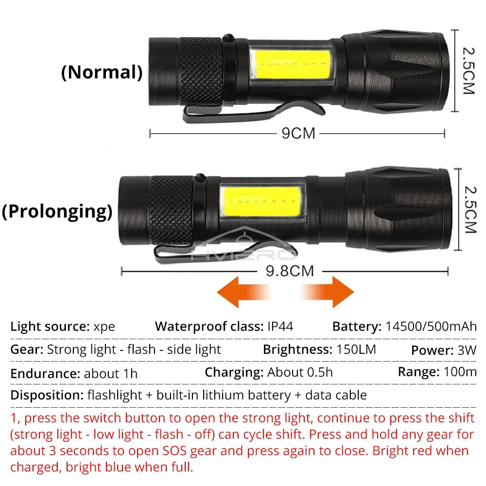 HVIERO Mini Rechargeable LED Flashlight 3W Waterproof T6 Torch