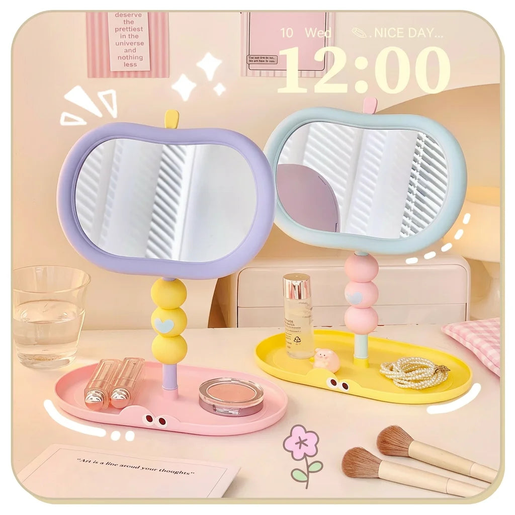 Cute Apple-Shaped Tabletop Vanity Makeup Mirror, HD Clear Adjustable Rotating Mirror With Storage Tray For Dorm Bedroom Oasis Select