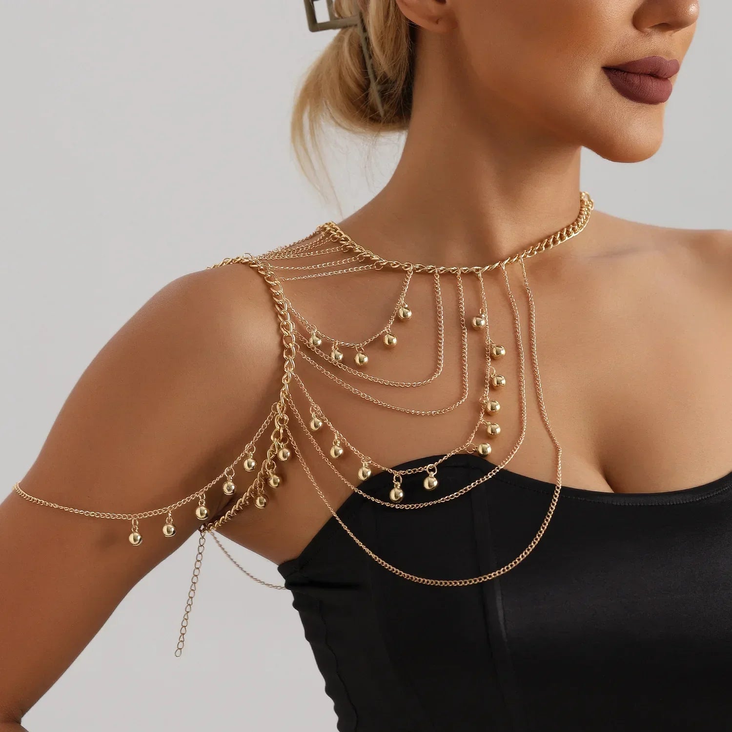 Fashionable Multi-layer Tassel Metal Ball Shoulder Chain Body Chain Personalized Spicy Girl Chest Chain Accessories Oasis Select