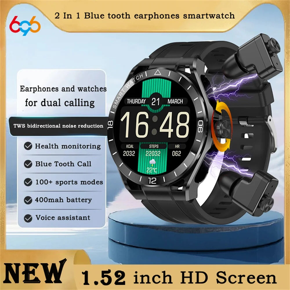Smart Watch 2 In 1 Blue Tooth Call Earphones Voice Assistant Heart Rate Health Sports Smartwatch TWS Noise-canceling Headphones Oasis Select