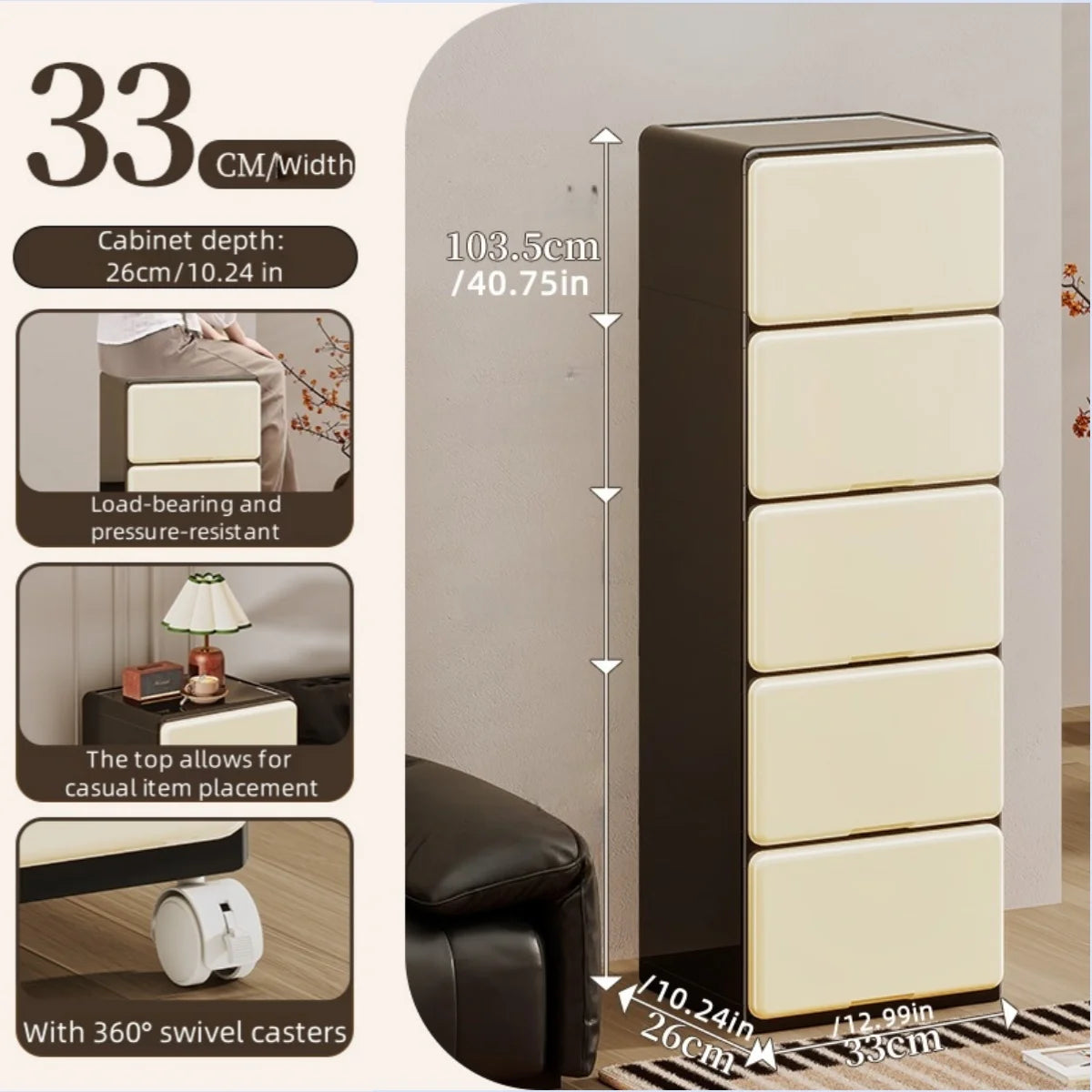 Floor Standing Drawer Storage Cabinet with Wheels - Multi-Sized Large Capacity Organizer for Living Room Office Bedroom Study Oasis Select 5 Layers