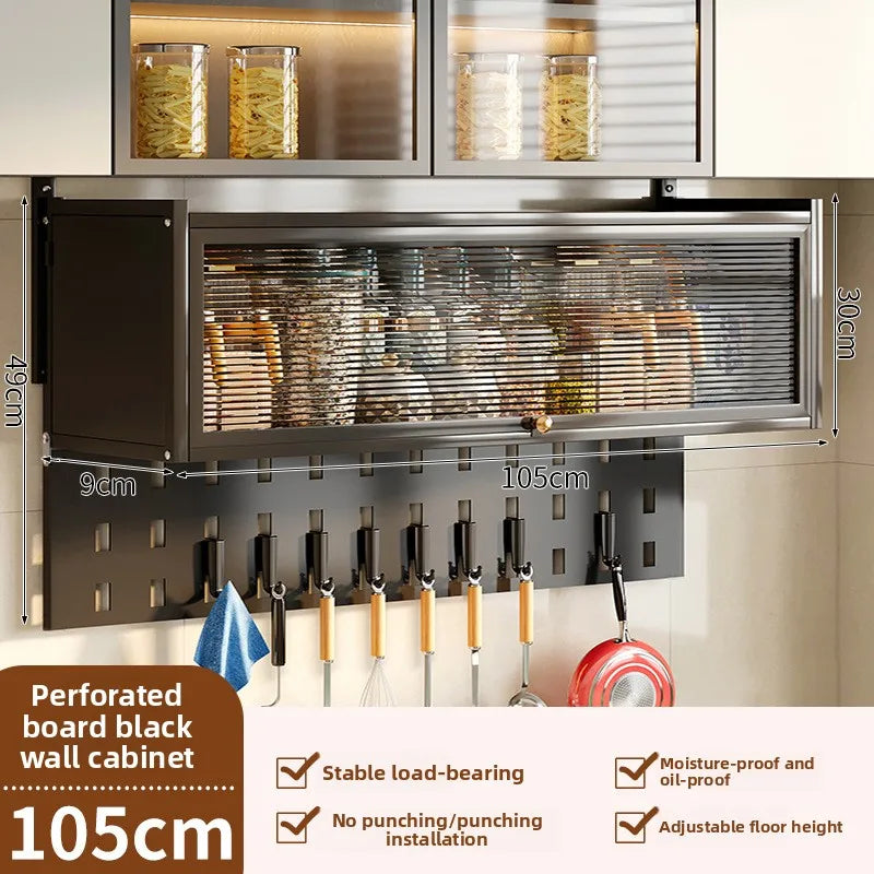 Kitchen multi-functional wall-mounted hanging cabinet seasoning rack upturned locker household dust with door storage rack Oasis Select Black-105-A