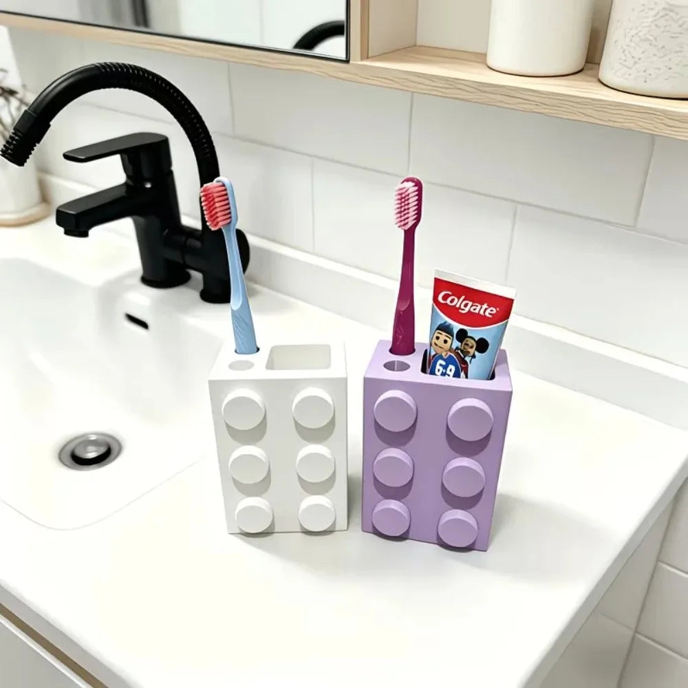 Cute Building Block Toothbrush Storage Rack Multi-Purpose Bathroom Counter Organizer Practical Washroom Vanity Accessory Decor Oasis Select