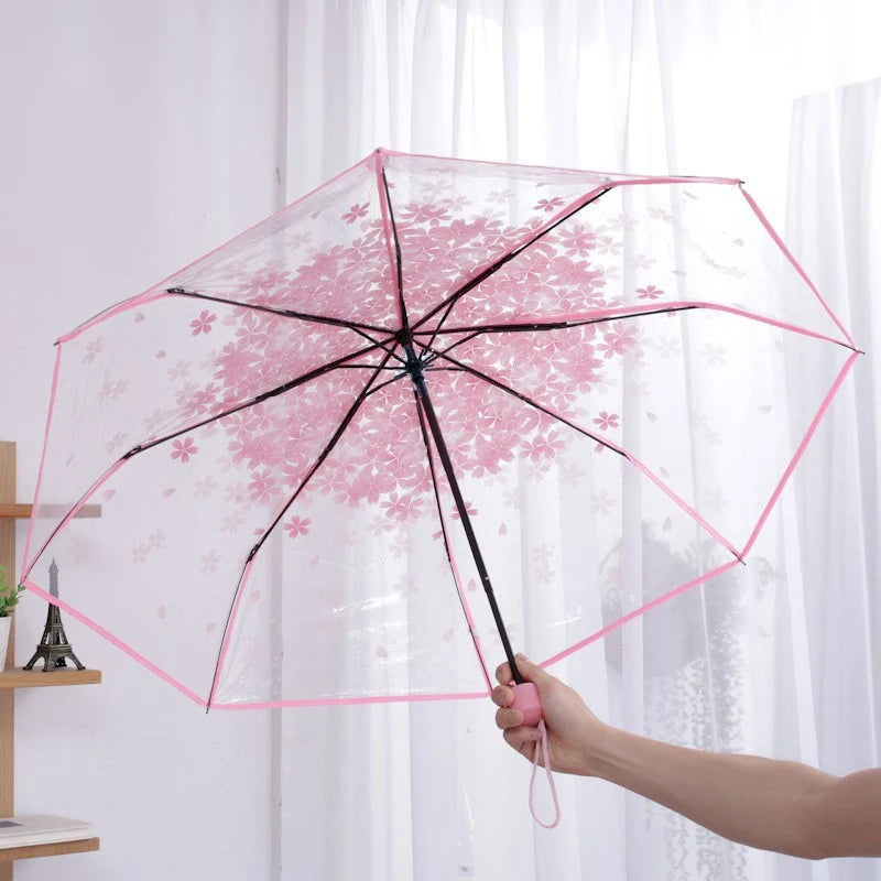 Cherry Blossom Korean Style Umbrella Cute Literature and Art Fresh Simple Student Trifold Cherry Blossom Transparent Umbrella Oasis Select Pink 8K iron