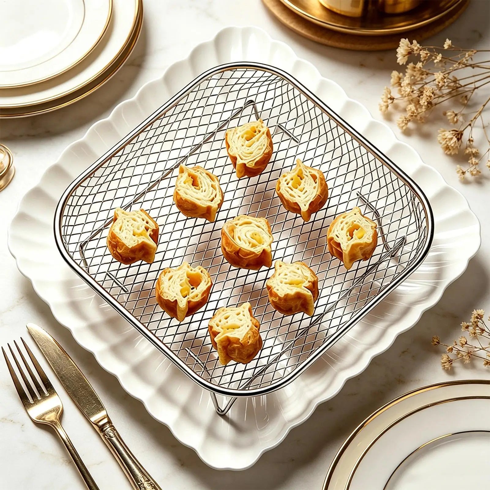 Air Fryer Rack Square Non-Reversing Square Stackable Food Grade Air Fryer Mesh Basket for Oven Microwave Steamer Home Kitchen Oasis Select