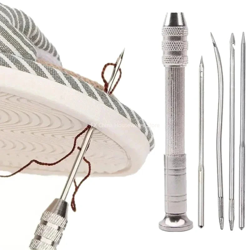 Leather Sewing Awl Kit - 4Pcs Replaceable Needles, DIY Shoe Repair & Canvas Tent Stitching Tool Silver Leather Sewing Awl Oasis Select