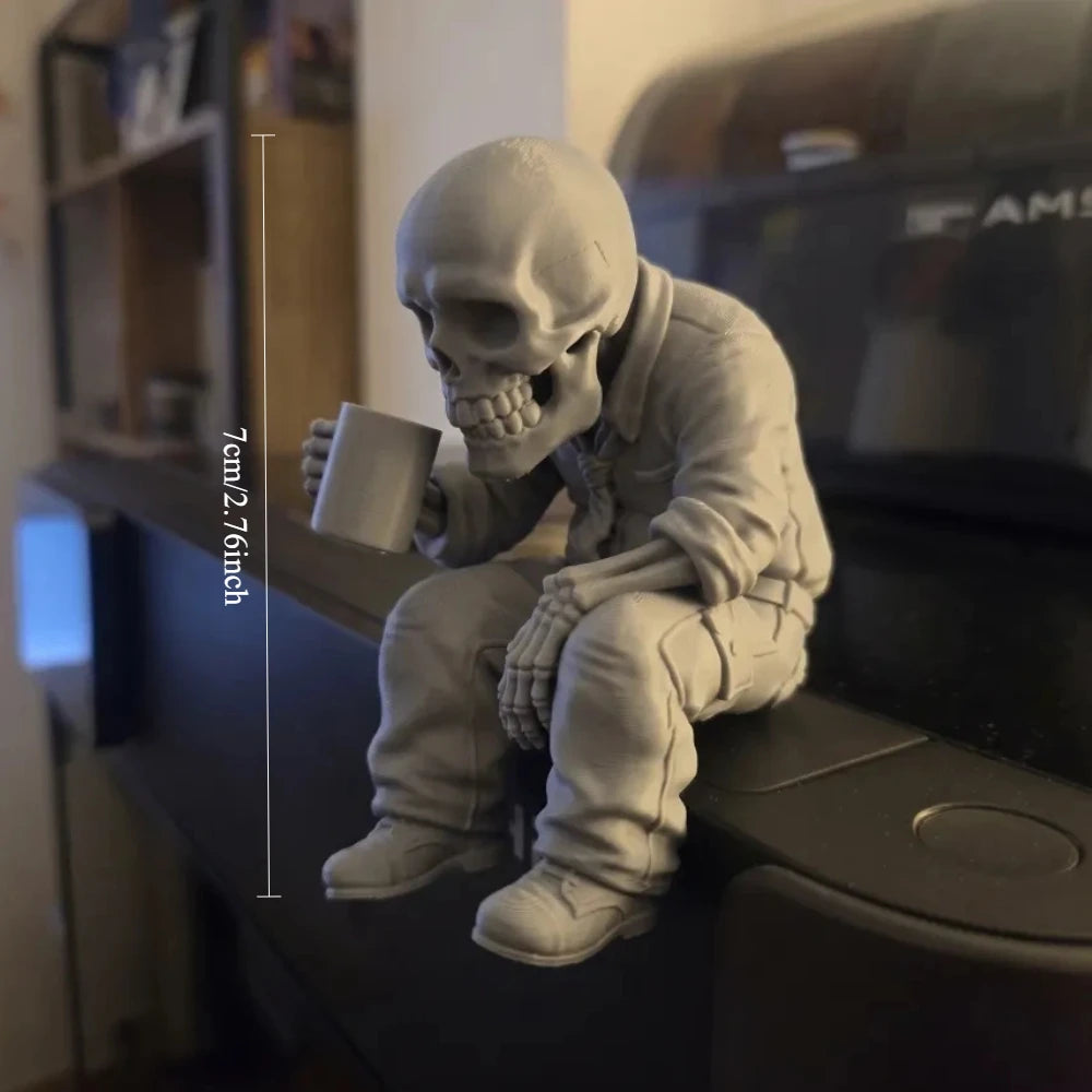 Seated Eerie Office Worker Skeleton Figurine 3D Printed Coffee Drinking Skull Desk Ornament for Humorous Home Office Decor Gifts Oasis Select Office Workers Gray