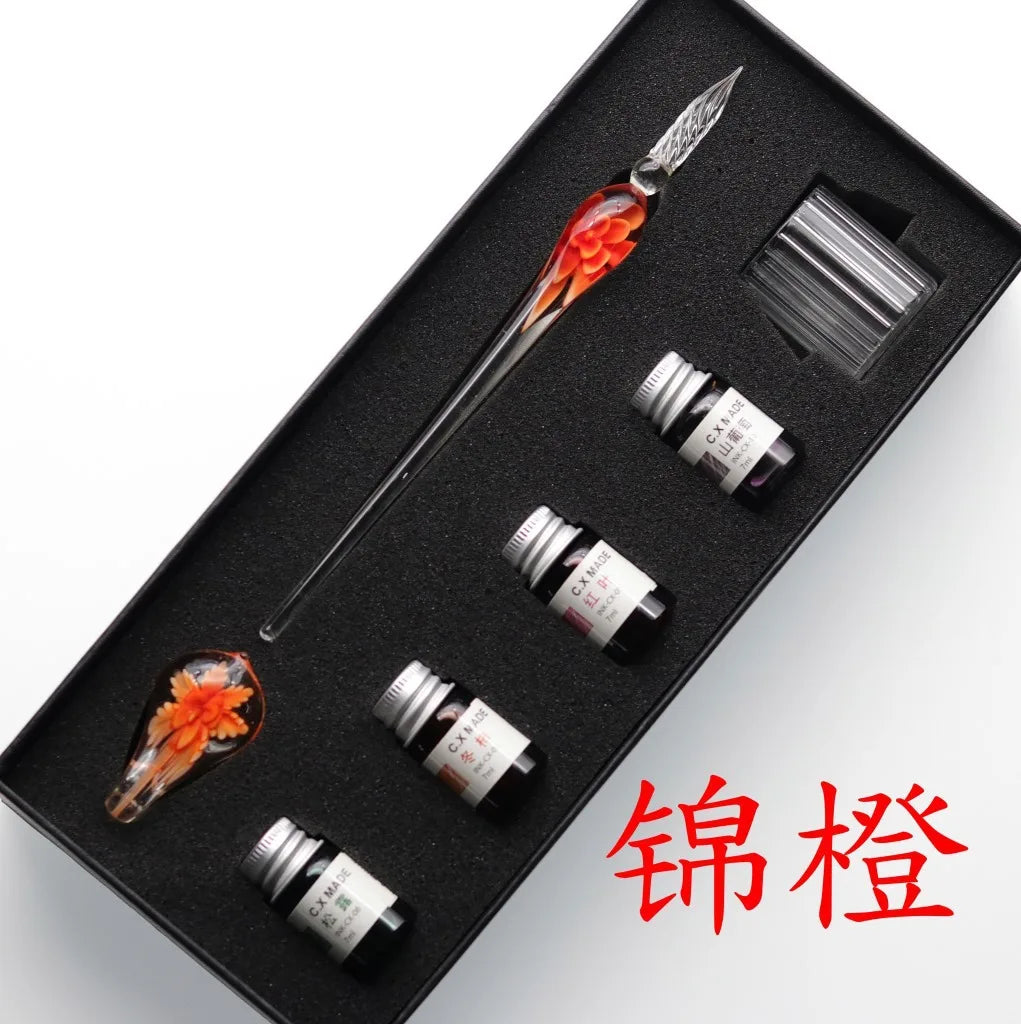 Embedded flower glass pen set, colored dipping pen, street vendor gift box, signature pen, glass pen gift Oasis Select 9