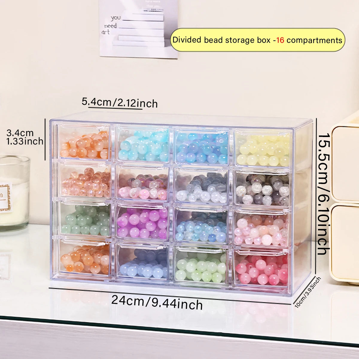 1pc acrylic 16 grid drawer style acrylic bead storage box, large capacity stackable loose bead jewelry accessory organizer Oasis Select 16grids-transparent