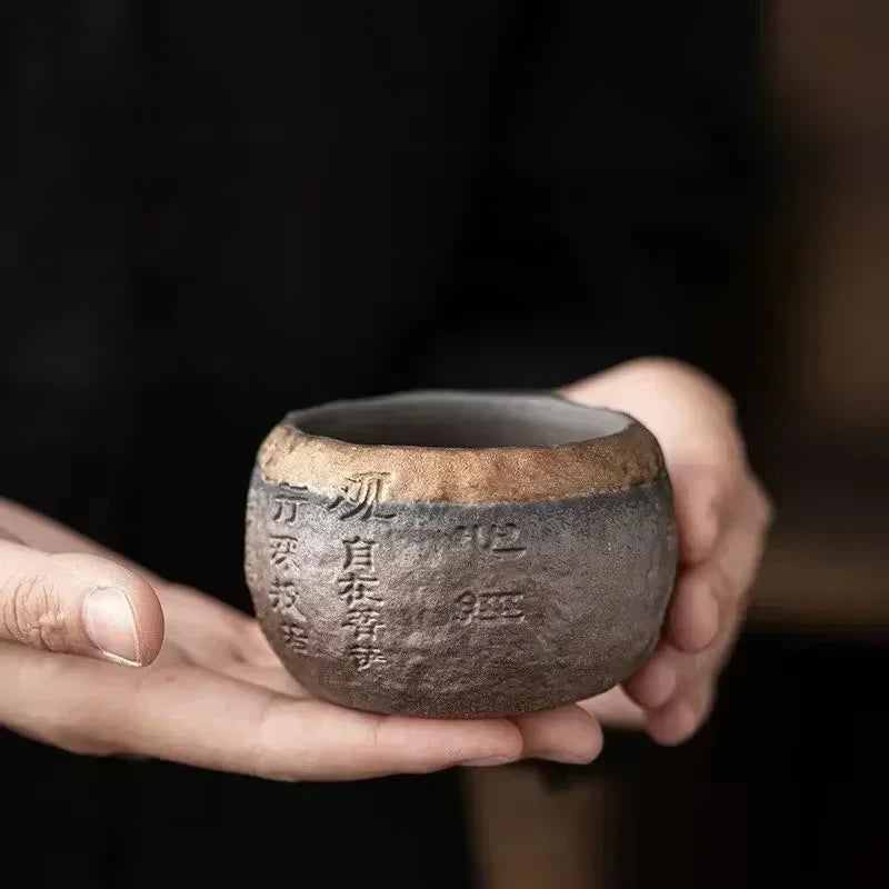 Rough Pottery Handmade Relief Heart Sutra Zen Cup Ceramic Master Individual Single Cup Chinese Portable Tea Cup 1pcs Oasis Select