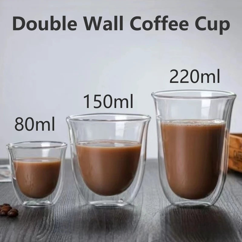 2pcs 80/150/220ml Double Wall Coffee Cup Heat Insulation Glass Cup Beer Milk Water Cups Transparent Cup Glass Drinkware Mug Oasis Select