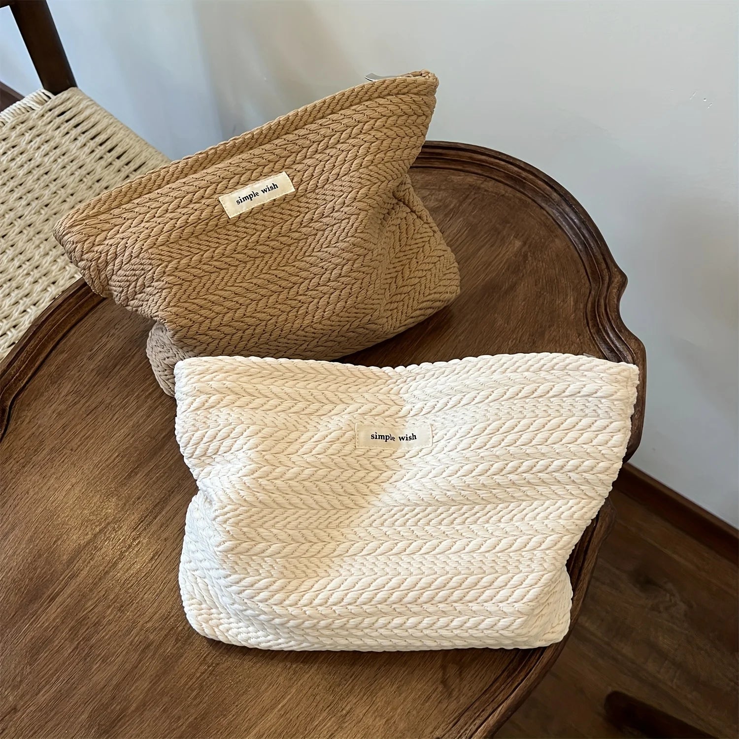 Rice Grain Pattern Woven Fabric Handbag, Women'S Travel Cosmetic Storage Organizer, Makeup Pouch, Zipper Closure, Toiletry Bag Oasis Select