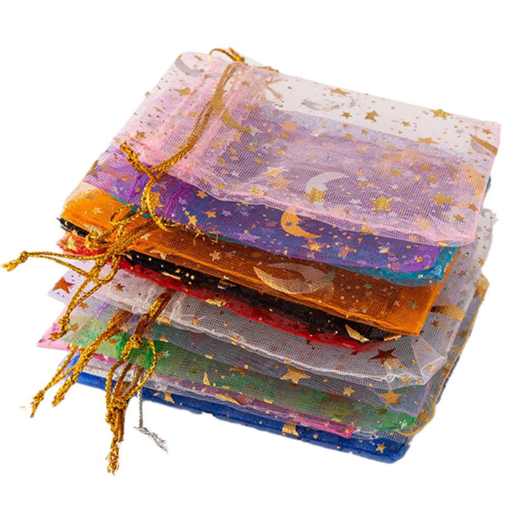 50pcs Mixed Color Moon Star Organza Bags Satin Drawstring Organza Pouch Wedding Party Favor Gift Bag Jewelry Watch Bags Oasis Select Mix 9x12cm