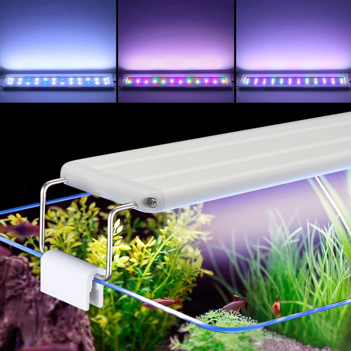LED Aquarium Light Extensible Clip-On Aluminum Bar Fish Tank Aquatic Plant Grow Lamp Blue/White 3-Color Change with 220V EU Plug Oasis Select