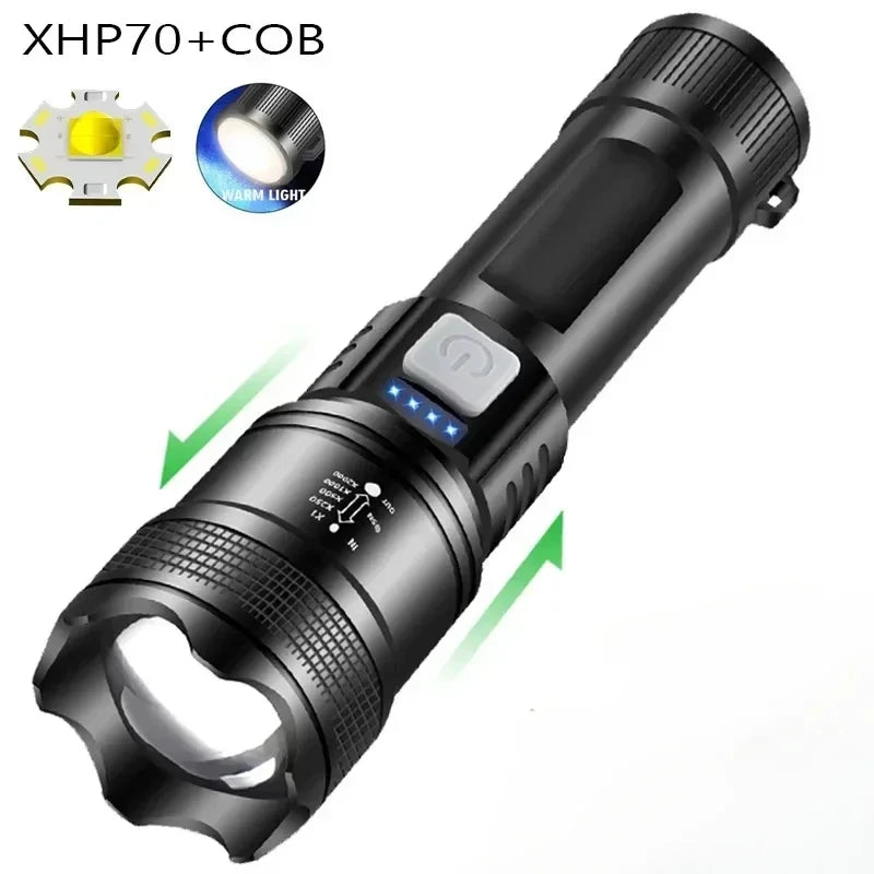 High Power LED Flashlight with Battery Display USB Rechargeable Light Telescopic Zoom Torch Lamp Outdoor Camping Fishing Lantern Oasis Select XHP70 ZOOM