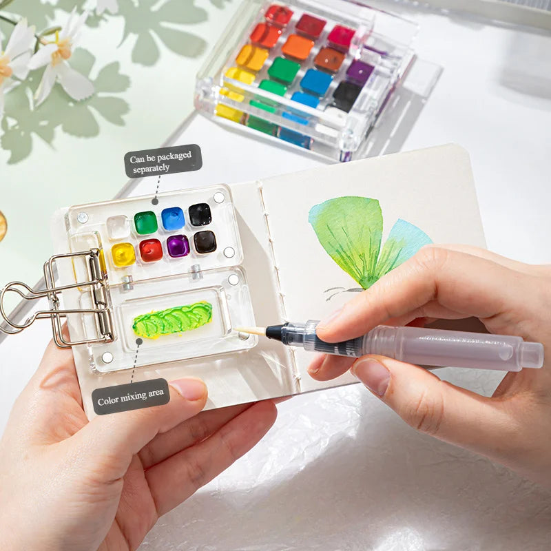 Portable Mini Watercolor Palette Set with Travel Sketchbook, Acrylic Paint Box for Outdoor Sketching & on-the-Go Art Creation Oasis Select