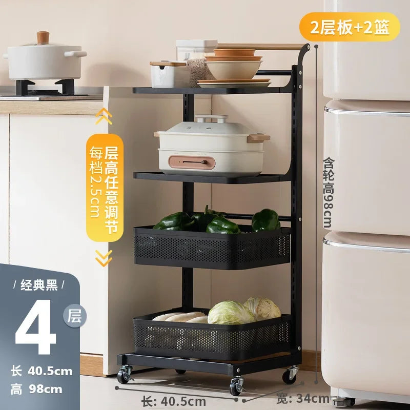 Kitchen rack Household floor-to-ceiling pot rack Multi-layer fruit and vegetable vegetable basket trolley storage rack Oasis Select Black Four-3