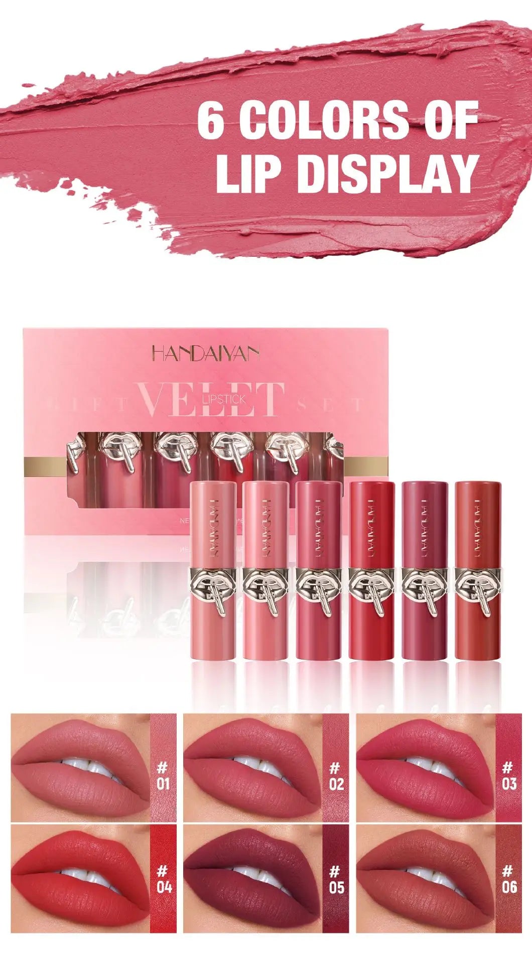 HANDAIYAN Velvet Matte Lipstick Set – 6pc Waterproof High Pigment