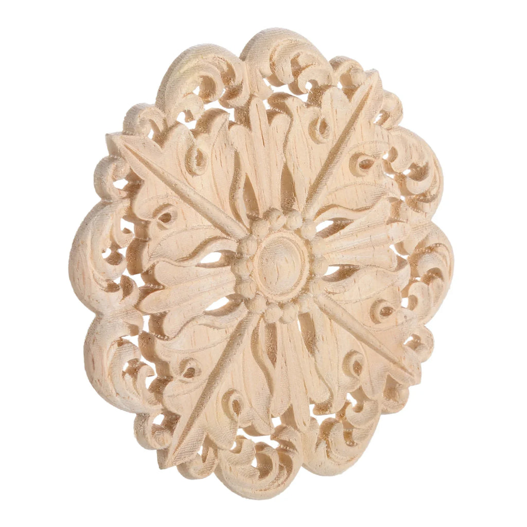 1 PC Retro Woodcarving Unpainted Solid Wood Round Applique Decorative Engraving Furniture Decoration for Wall Door Windows Oasis Select