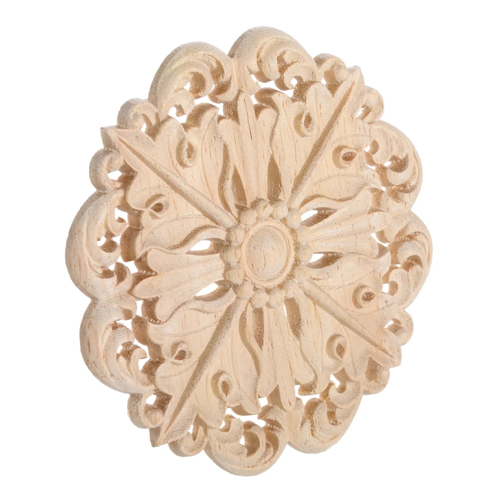 1 PC Retro Woodcarving Unpainted Solid Wood Round Applique Decorative Engraving Furniture Decoration for Wall Door Windows Oasis Select
