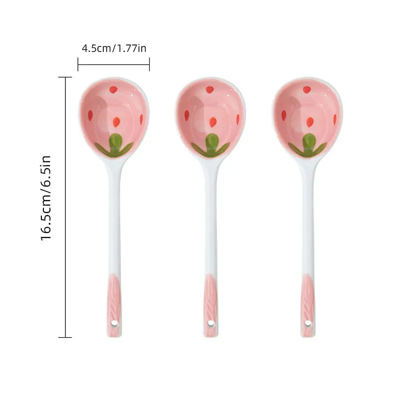 Kitchen Accessories Kawaii Strawberry Ceramic Soup Spoon Cute Korean Ice Cream Hand Painted Coffee Dessert Long Handle Spoon Oasis Select Pink 3PCS