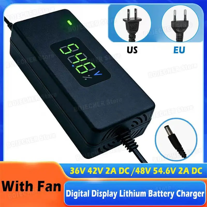 36V 42V / 48V 54.6V 2A Digital Display Lithium Battery Charger DC Plug AC100-240V Power Supply Adapters With Cooling Fan EU US Oasis Select