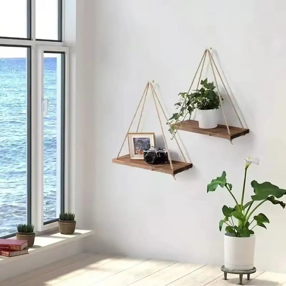 Wooden Hanging Shelf Hemp Rope | Wall Mounted Plant & Décor Tray