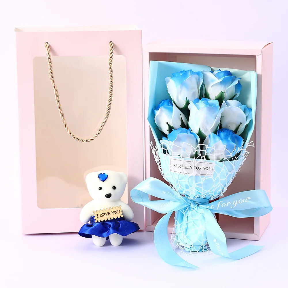 Romantic Fake Rose Bouquet in Gift Box with Cute Teddy Bear Premium Soap Flower Arrangement Perfect Gift for Valentine's Day Oasis Select G