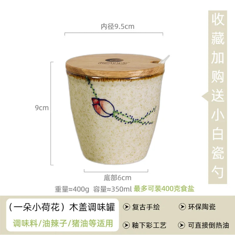 Ceramic Retro Seasoning Pot Hand-painted Salt Pot Oil Tank Pepper Pot for Kitchen Oasis Select porcelain spoon 5