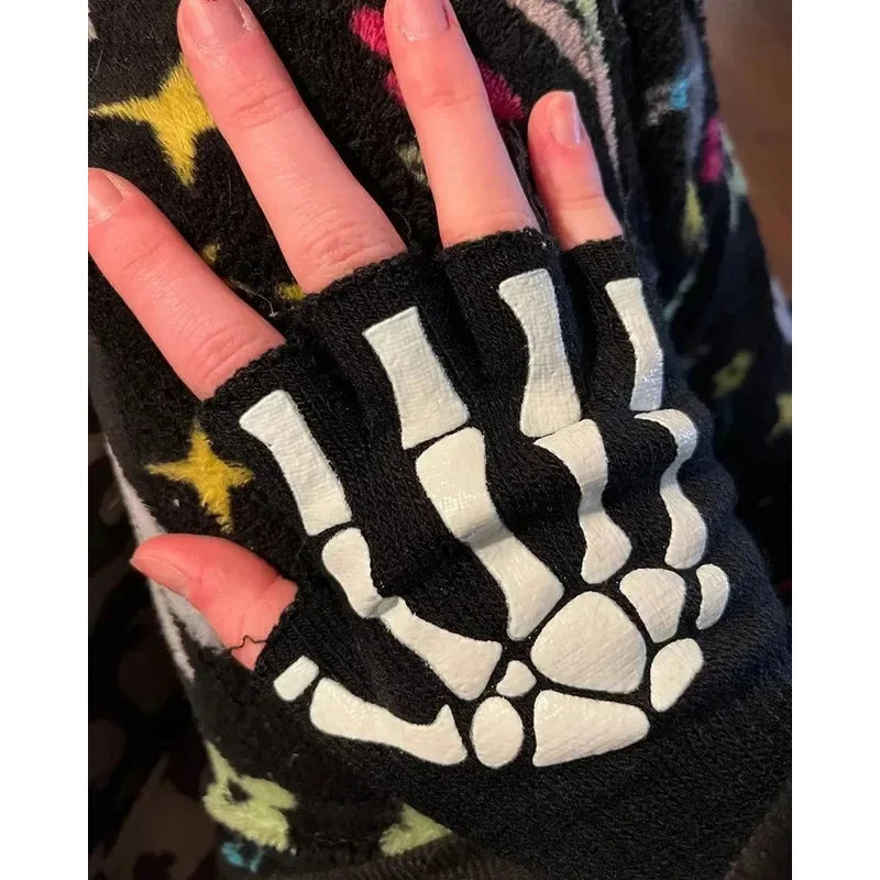 1/2/3/4pairs Adult Kids Halloween Skull Half-Finger Punk Gloves Winter Skull Fingerless Black Gloves Oasis Select