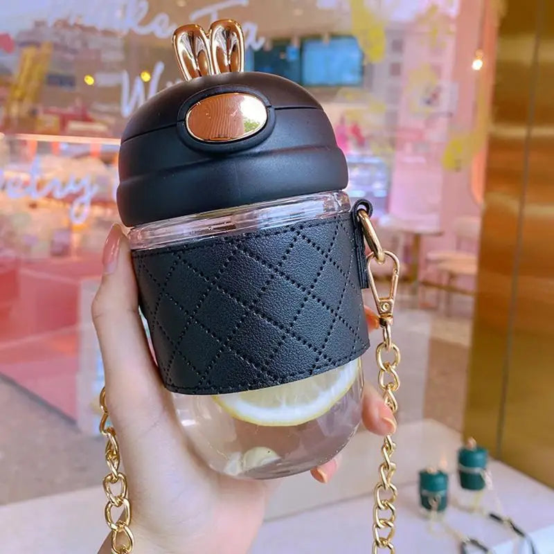 1 PCS Cute Bunny Ear Clear Large Capacity Water Bottle Pearl Strap Cartoon Decors For Girls Daily Use Oasis Select black380ml G