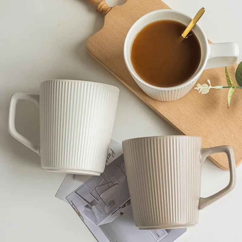 Coffee Cup Vintage Style Striped with Handle Simple Ceramic High Capacity Milk Breakfast Mug for Household Office Water Cup Oasis Select