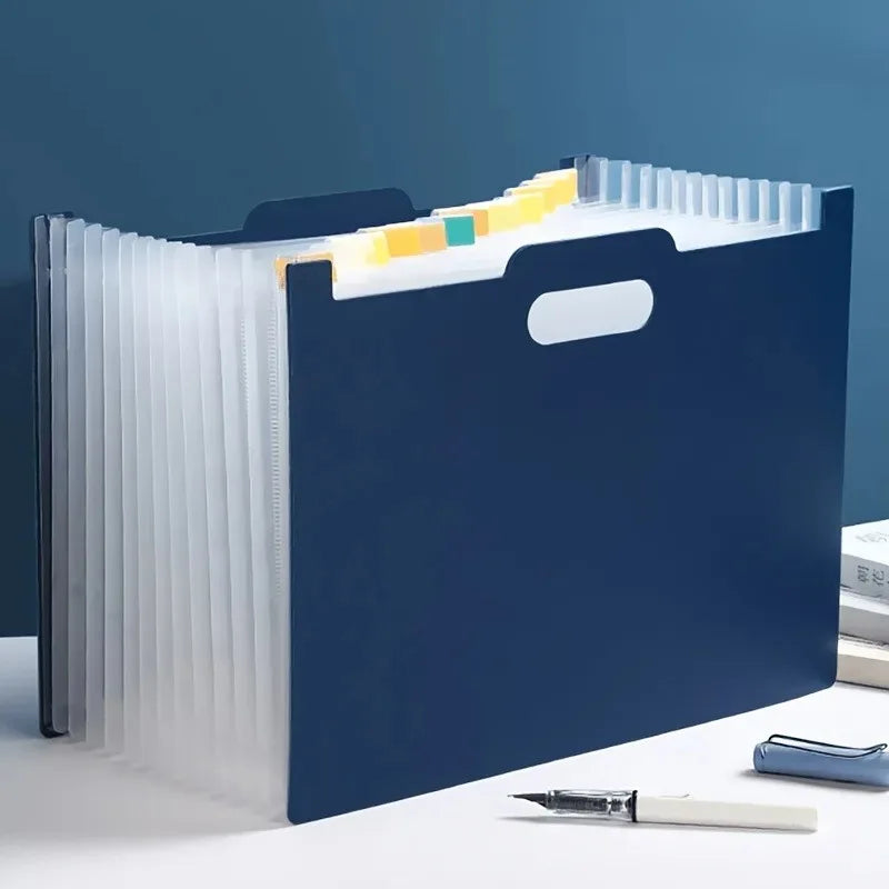 A4 File Organizer Foldable, Desktop Storage Box with Multiple Pockets & Labels, Durable ABS Plastic for Office Home School Oasis Select Deep Blue