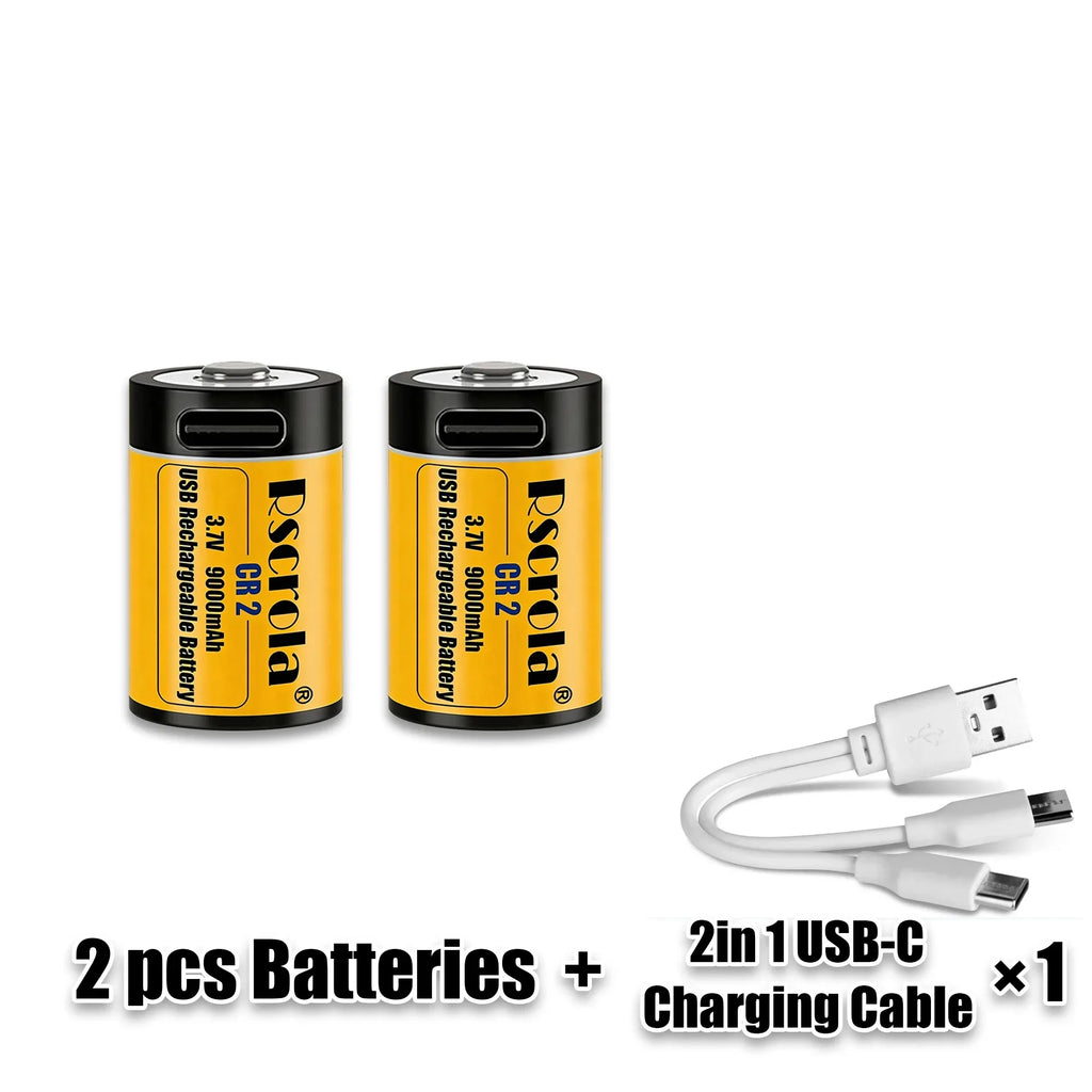Long-Lasting CR2 Rechargeable Battery 9000mAh 3.7V, High Capacity Li-ion USB Fast Charge for GPS Camera Medical Oasis Select 2xCR2 1xCable2