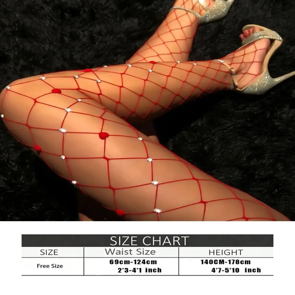 Hollow Out Rhinestone Pantyhose Thin Diamond Heart Patterned Fishnet Stockings Sparkling Larger Mesh Glitter Tights Oasis Select