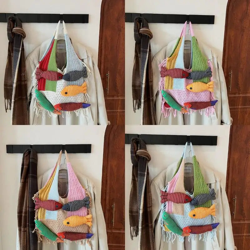 Cute Fish Relaxed Tassel Knitted Bag Splicing Shoulder Bag Little Fish Tote Bag Versatile Casual Commuter Handbag For Girls Gift Oasis Select
