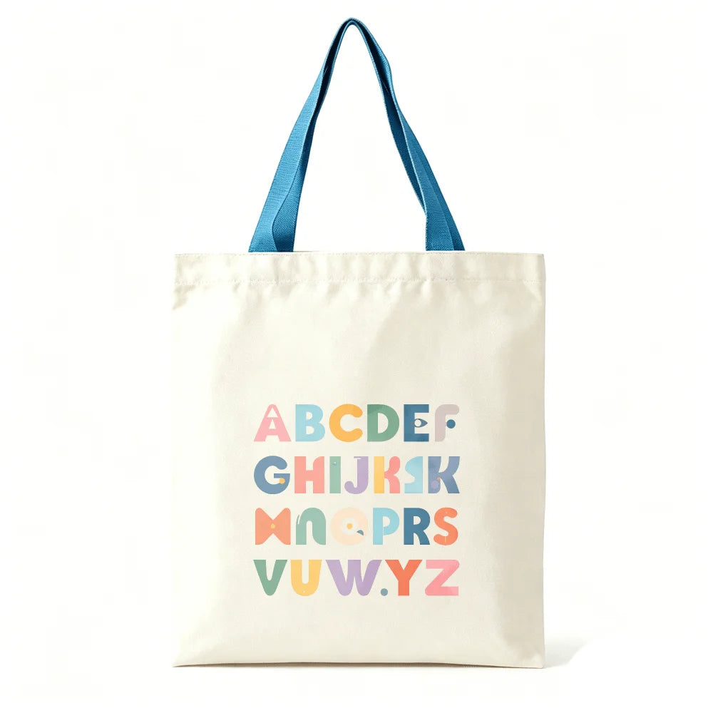 Colorful ABC Alphabet Canvas Tote Bag Large Capacity Eco Reusable Shopping Shoulder Bag Women Teacher Student School Handbags Oasis Select Blue