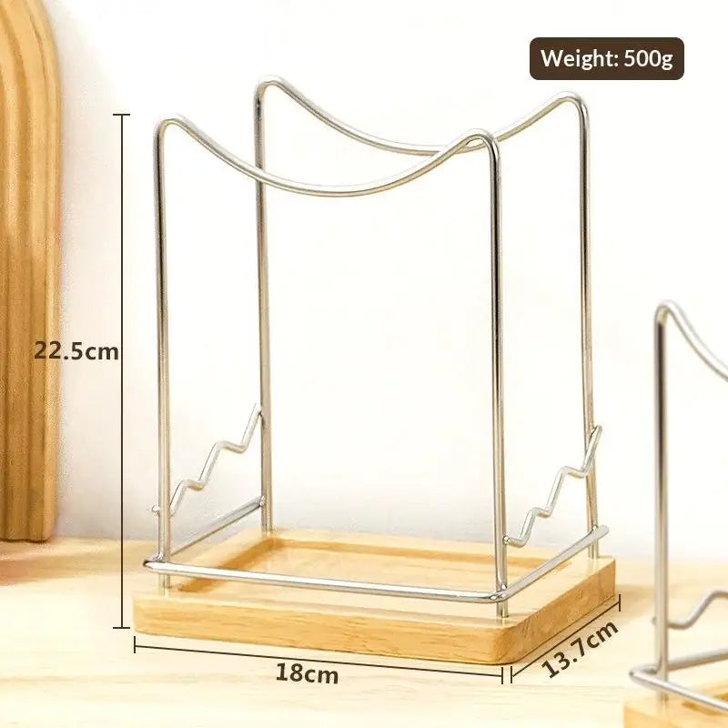 Stainless Steel Pot Lid Organizer with Wooden Drip Tray