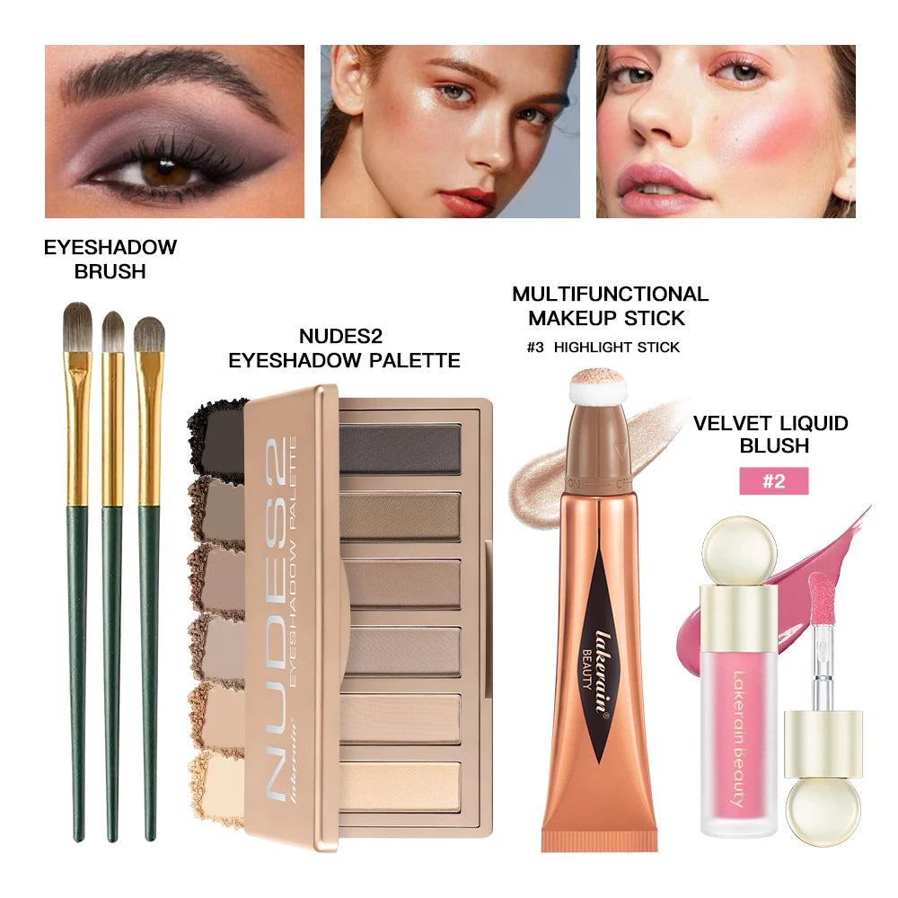 6pcs Face Makeup Set With Liquid Blush Highlight Contour Stick And Eyeshadow Palette Long Lasting Pigment Women Beauty Cosmetics Oasis Select SET 2