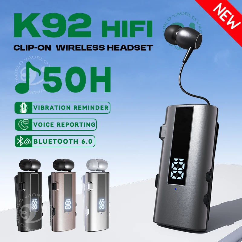 K92 Bluetooth 6.0 Lavalier Business Headset Call 30h/Music 50h Vibration Reminder LED Digital Display With Mic Wireless Earphone Oasis Select
