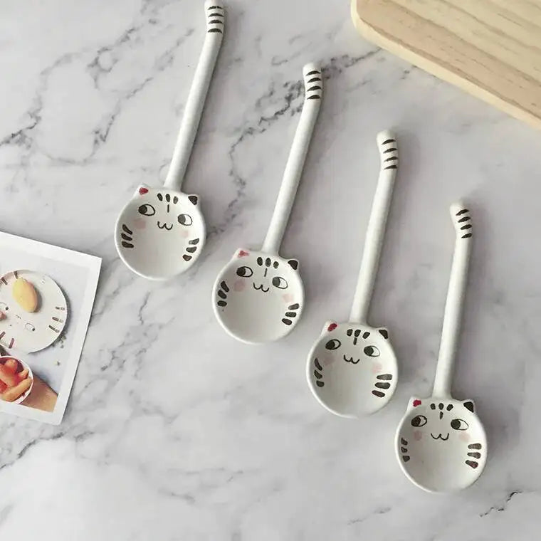 Jingdezhen Hand-painted Cute Cat Ceramic Spoon Cartoon Dessert Spoon Eco-friendly Tableware Oasis Select