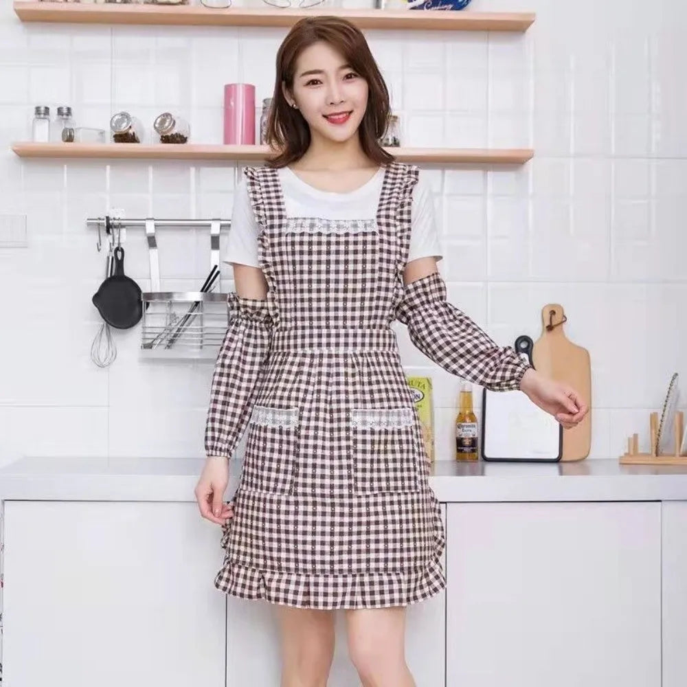 Korean Style Cotton Kitchen Apron with Pockets | Women & Girls