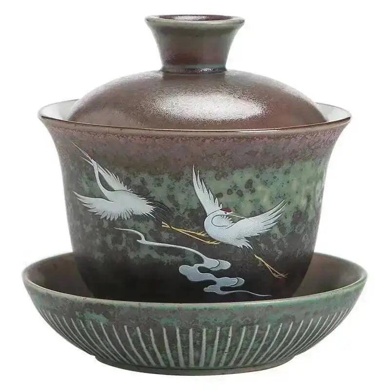 Japanese Kiln Change Color Ceramic Sancai Gaiwan Kung Fu Tea Set Household Tea Brewer Creative Crane Large Serving Tea Bowl Oasis Select